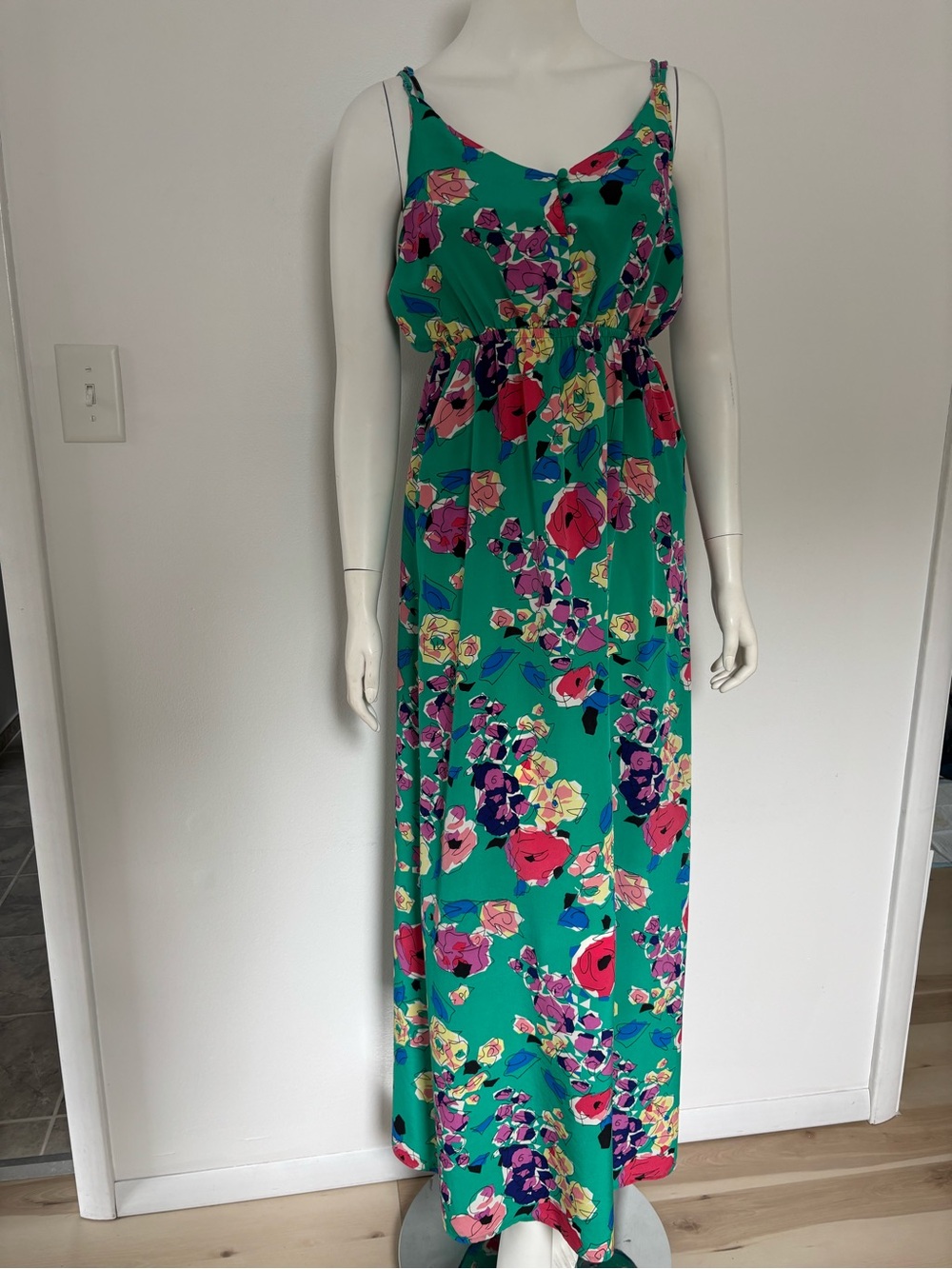 Yumi Kim 100% silk Green Floral Maxi Dress with Pink & Yellow Blooms